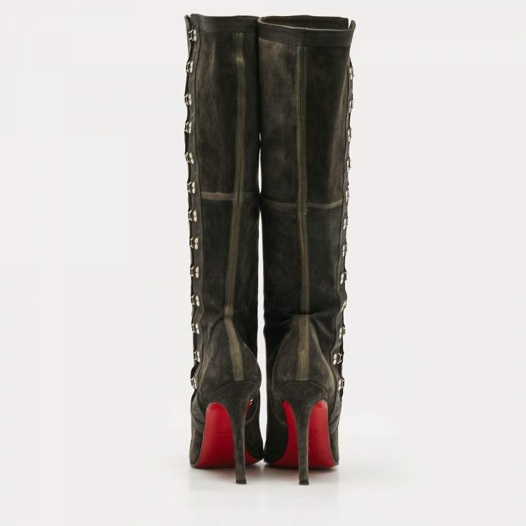 Pre Owned Christian Louboutin Grey Leather and Suede Knee Length Boots Size 37
