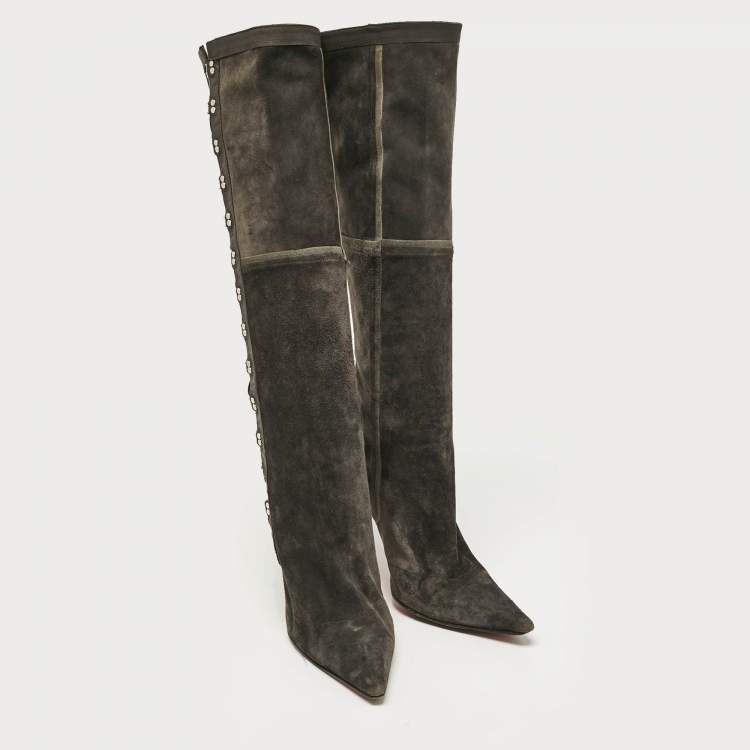 Pre Owned Christian Louboutin Grey Leather and Suede Knee Length Boots Size 37