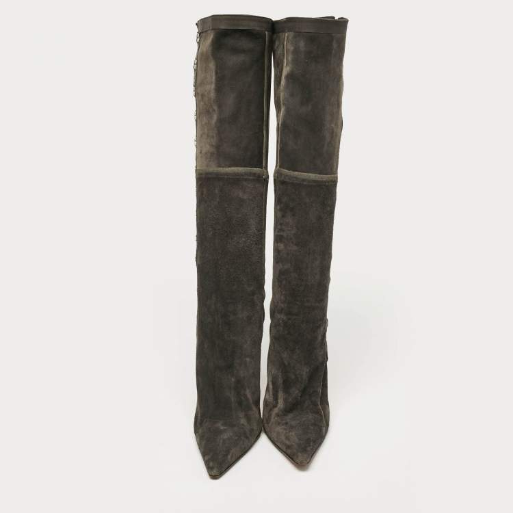 Pre Owned Christian Louboutin Grey Leather and Suede Knee Length Boots Size 37
