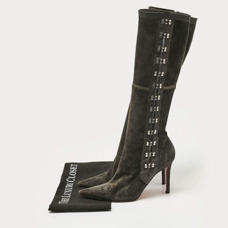 Pre Owned Christian Louboutin Grey Leather and Suede Knee Length Boots Size 37