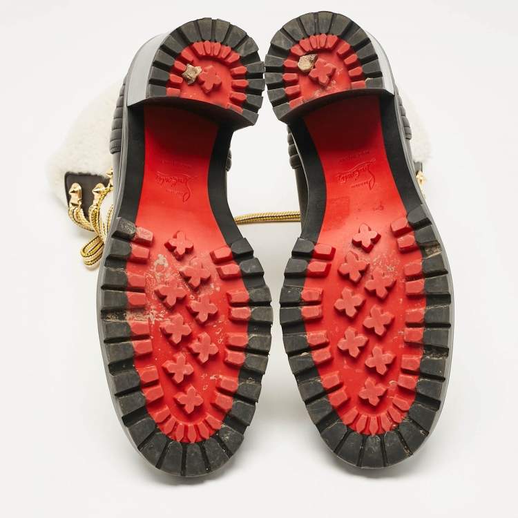 Pre Owned Christian Louboutin Black Leather and Shearling Yetita Ankle Length Boots Size 38.5