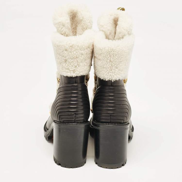 Pre Owned Christian Louboutin Black Leather and Shearling Yetita Ankle Length Boots Size 38.5
