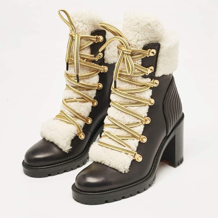 Pre Owned Christian Louboutin Black Leather and Shearling Yetita Ankle Length Boots Size 38.5