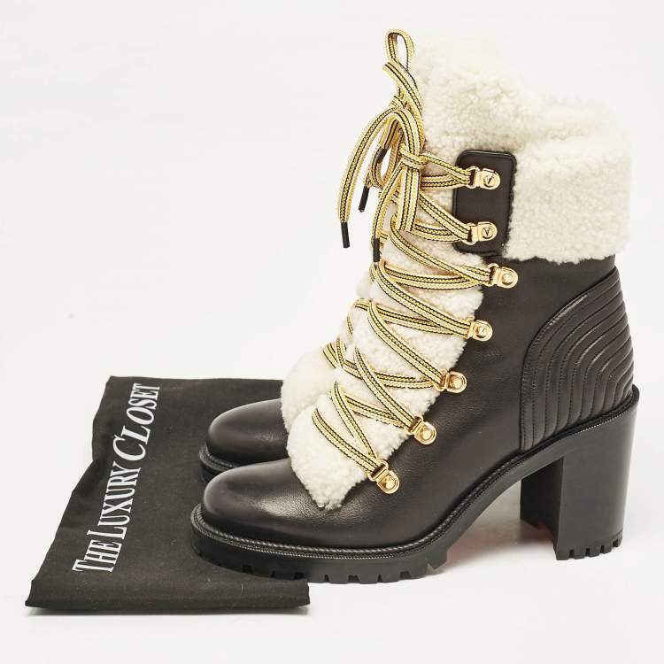 Pre Owned Christian Louboutin Black Leather and Shearling Yetita Ankle Length Boots Size 38.5