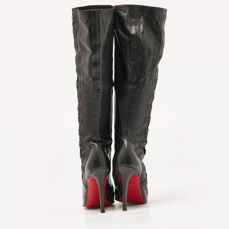 Pre Owned Christian Louboutin Black Leather Knee Length Boots Size 37.5