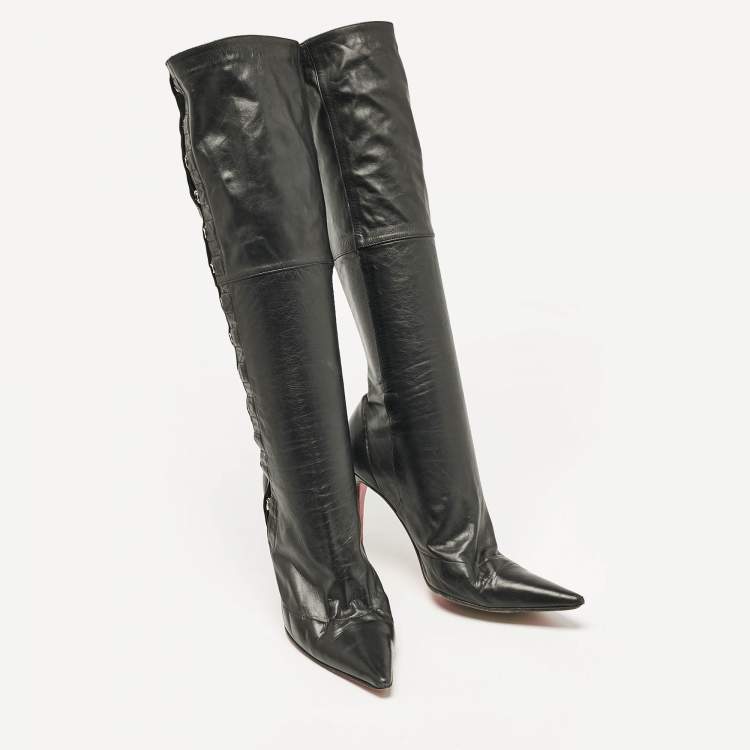 Pre Owned Christian Louboutin Black Leather Knee Length Boots Size 37.5