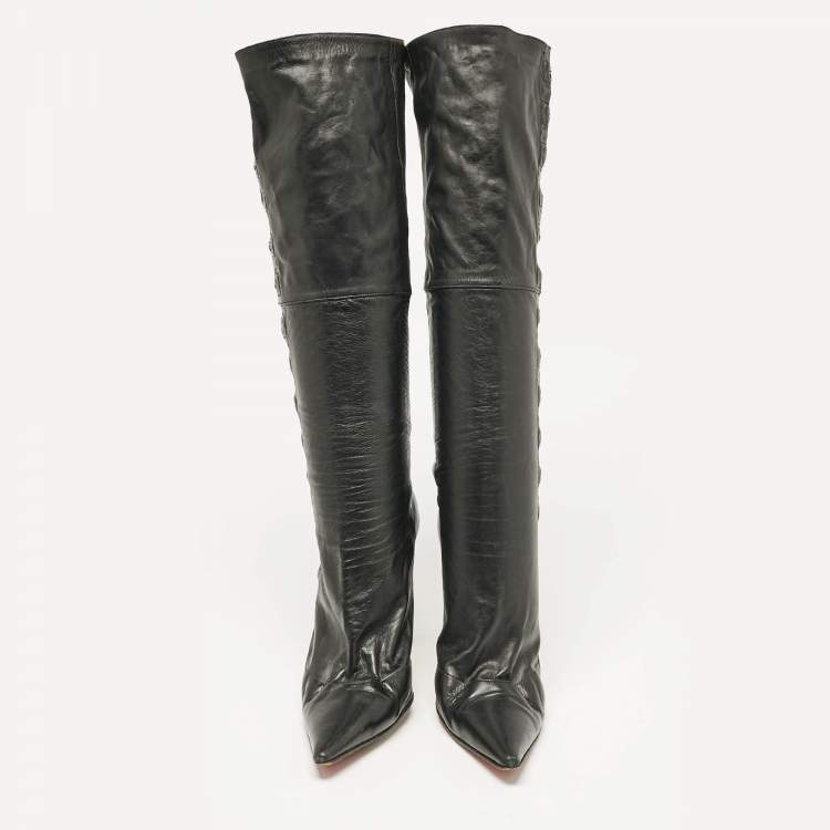 Pre Owned Christian Louboutin Black Leather Knee Length Boots Size 37.5