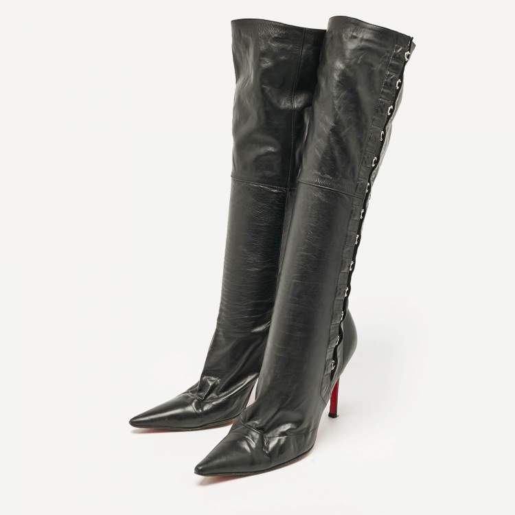 Pre Owned Christian Louboutin Black Leather Knee Length Boots Size 37.5