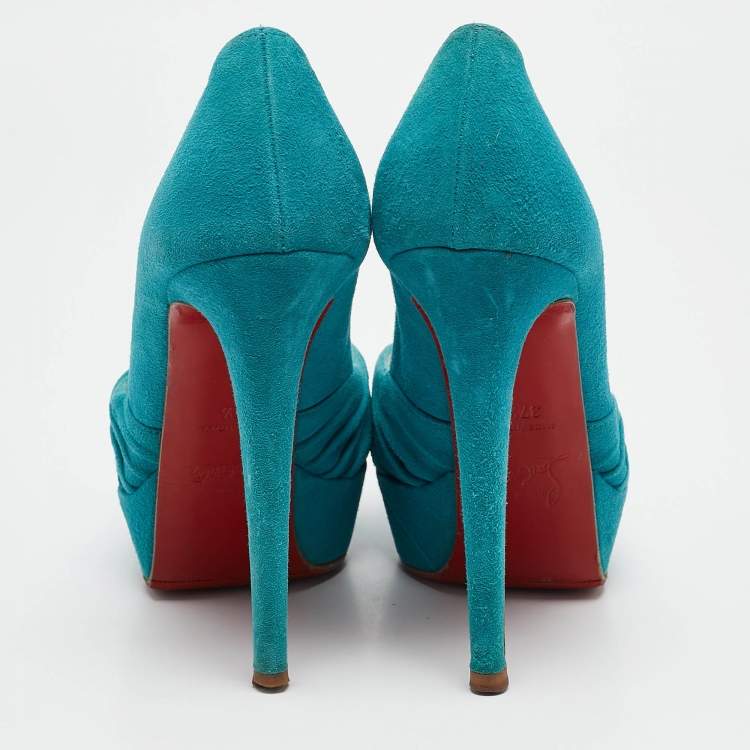 Pre Owned Christian Louboutin Green Pleated Suede Jenny Platform Pumps Size 37.5