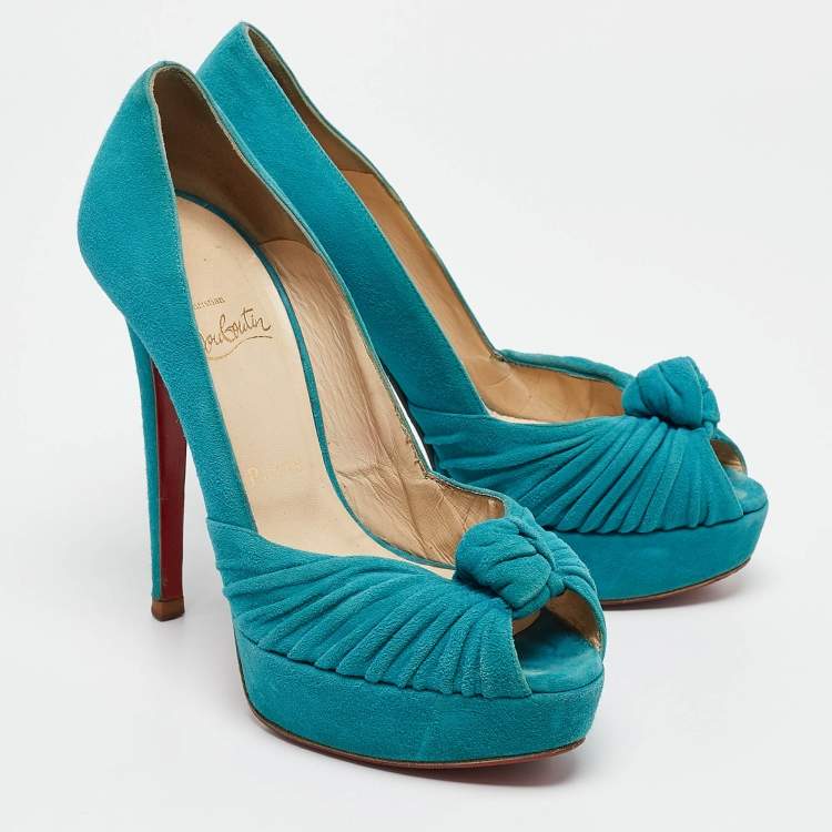 Pre Owned Christian Louboutin Green Pleated Suede Jenny Platform Pumps Size 37.5