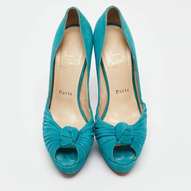 Pre Owned Christian Louboutin Green Pleated Suede Jenny Platform Pumps Size 37.5