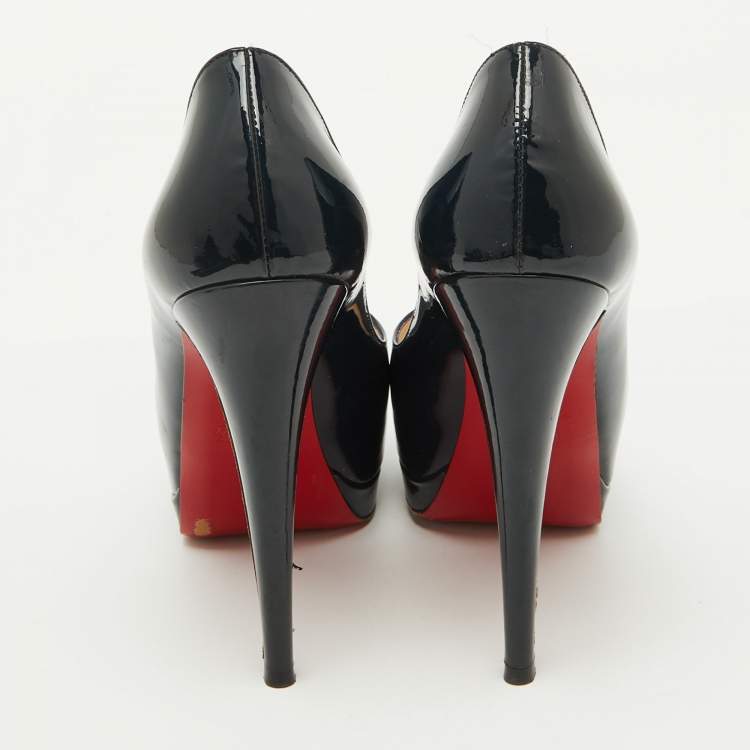 Pre Owned Christian Louboutin Navy Blue Patent Leather Lady Peep Toe Platform Pumps Size 37