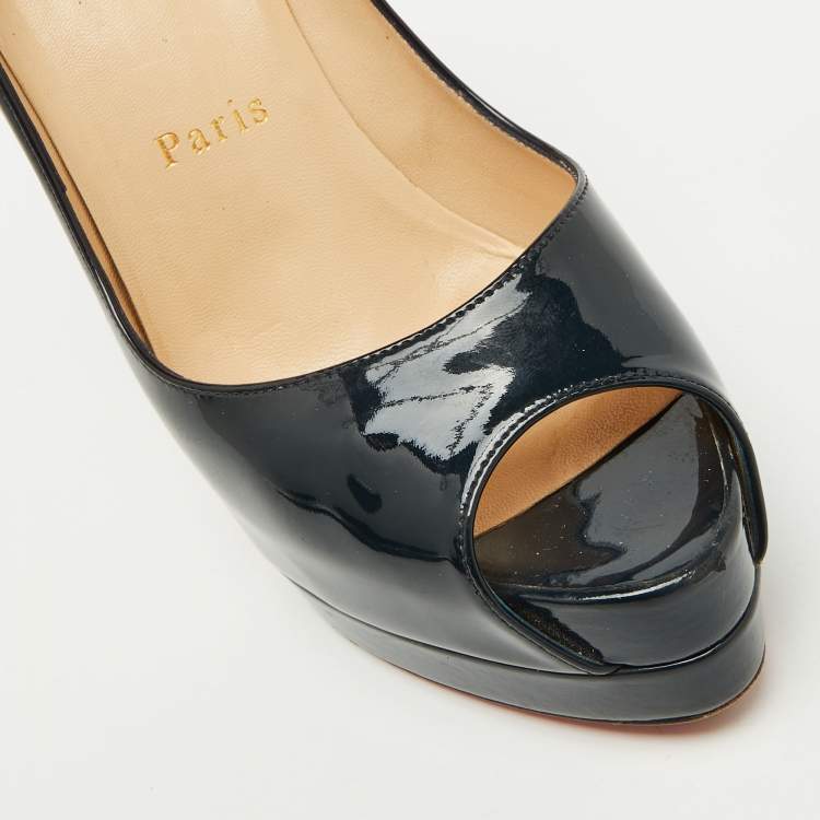 Pre Owned Christian Louboutin Navy Blue Patent Leather Lady Peep Toe Platform Pumps Size 37