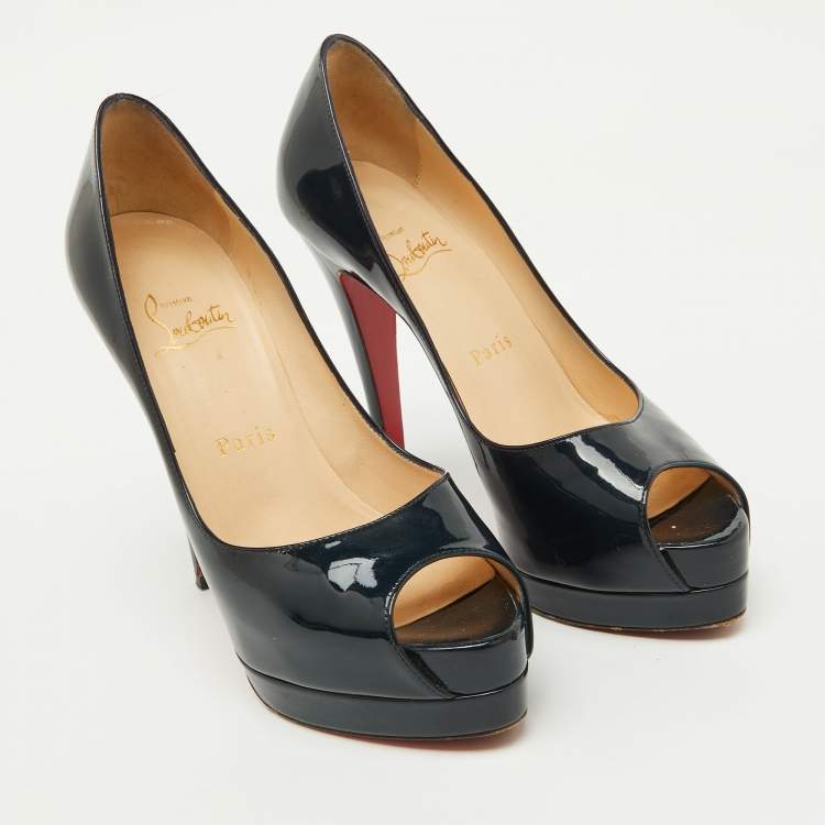 Pre Owned Christian Louboutin Navy Blue Patent Leather Lady Peep Toe Platform Pumps Size 37
