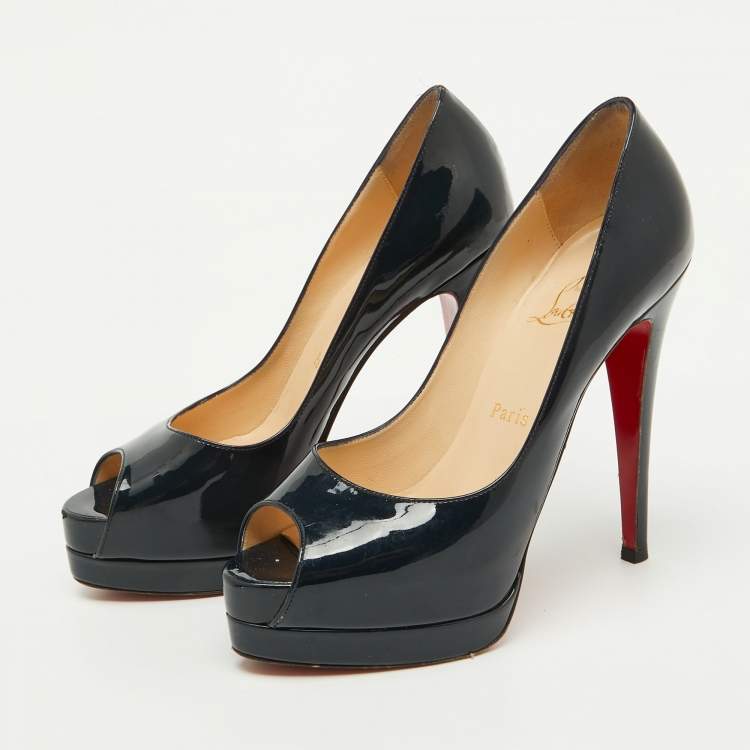 Pre Owned Christian Louboutin Navy Blue Patent Leather Lady Peep Toe Platform Pumps Size 37