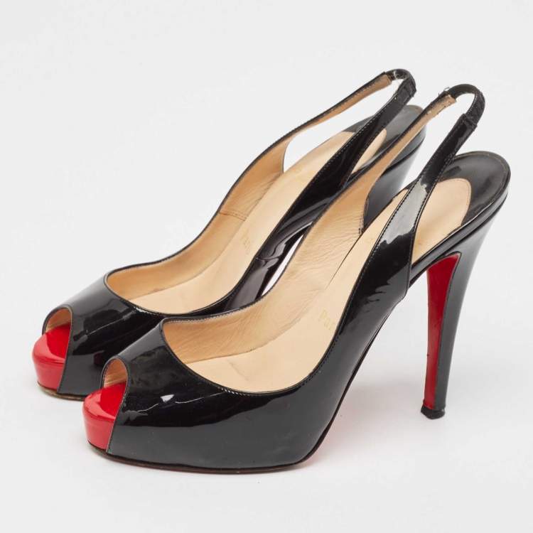 Pre Owned Christian Louboutin Black Patent Leather Private Number Slingback Sandals Size 35
