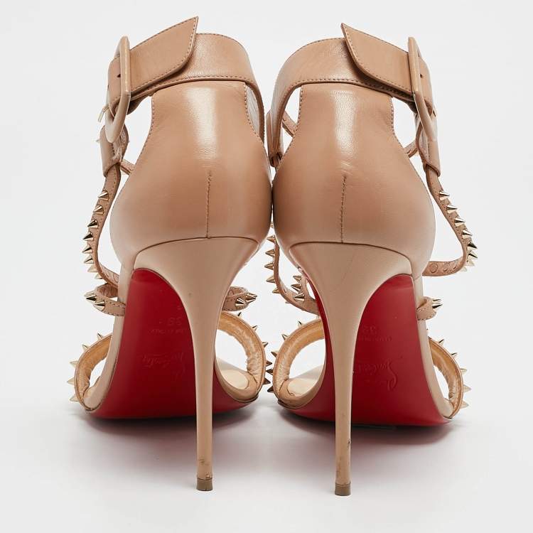 Pre Owned Christian Louboutin Beige Leather Choka Spikes Ankle Strap Sandals Size 39