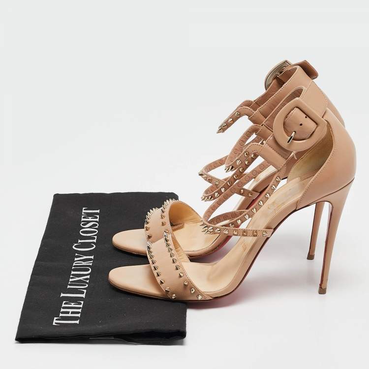 Pre Owned Christian Louboutin Beige Leather Choka Spikes Ankle Strap Sandals Size 39
