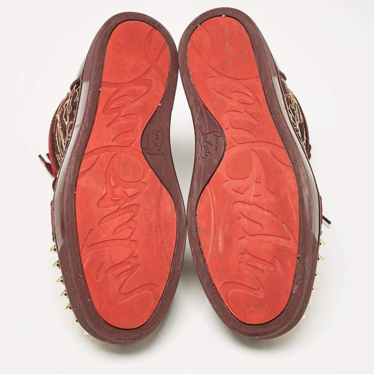 Pre Owned Christian Louboutin Burgundy Patent Leather and Velvet Louis High Top Sneakers Size 37.5