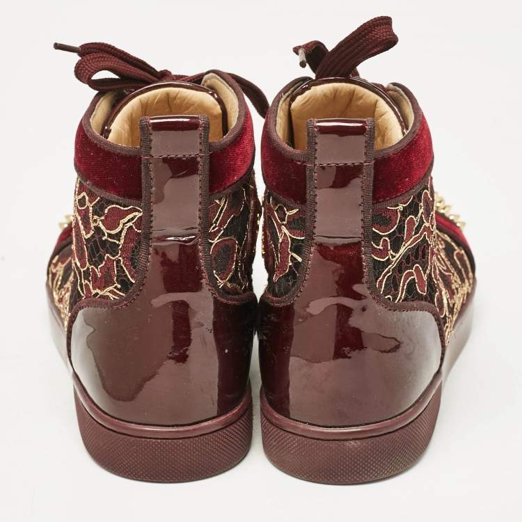 Pre Owned Christian Louboutin Burgundy Patent Leather and Velvet Louis High Top Sneakers Size 37.5