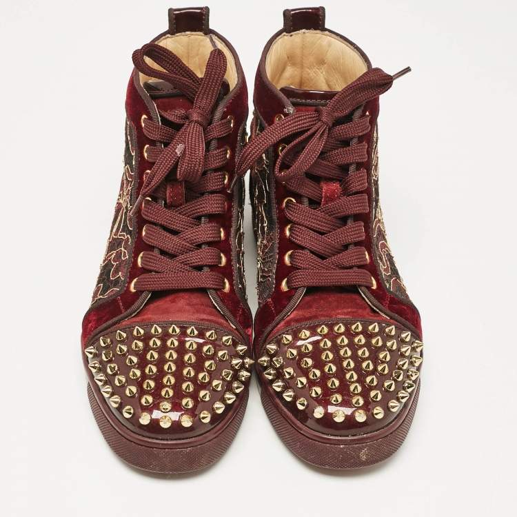 Pre Owned Christian Louboutin Burgundy Patent Leather and Velvet Louis High Top Sneakers Size 37.5