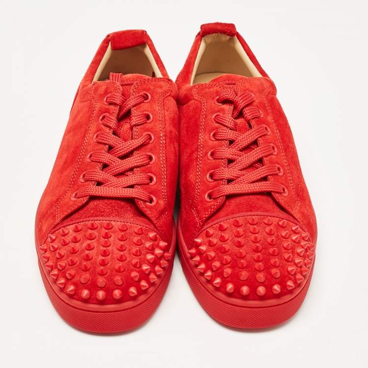 Pre Owned Christian Louboutin Red Suede Louis Junior Spikes Low Top Sneakers Size 41