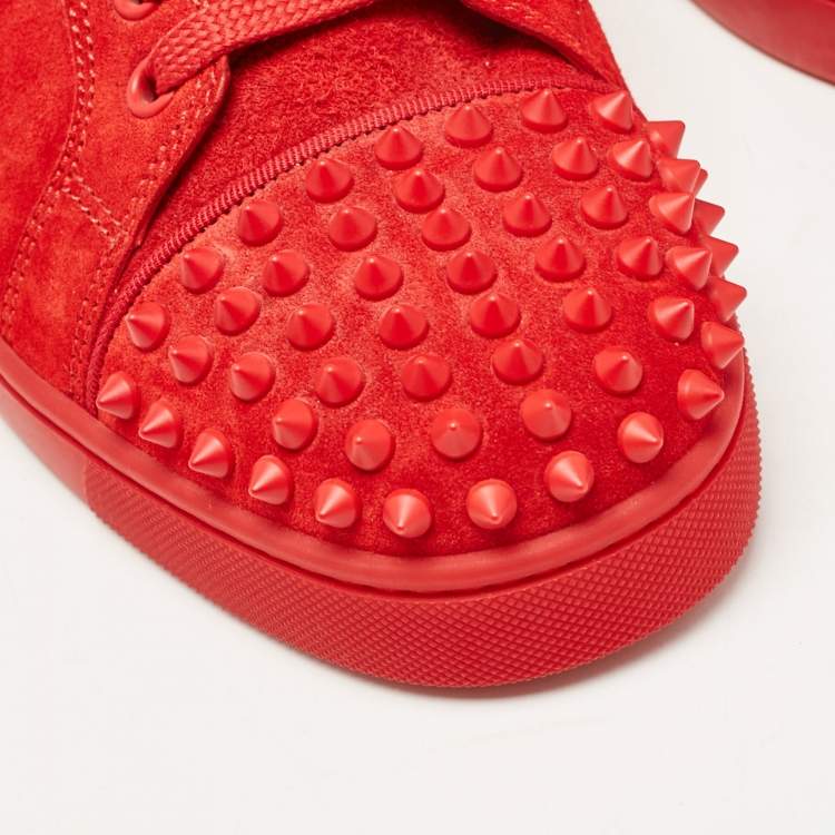 Pre Owned Christian Louboutin Red Suede Louis Junior Spikes Low Top Sneakers Size 41