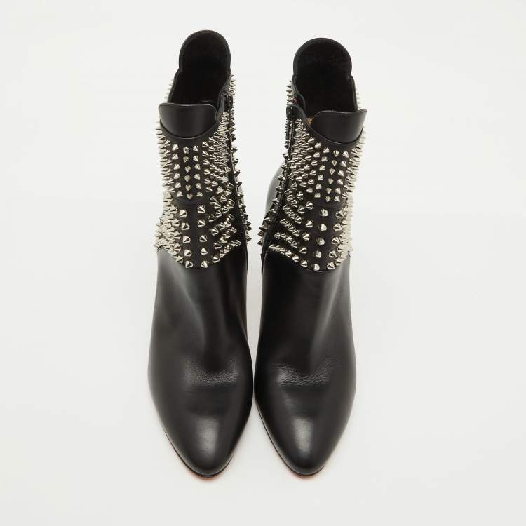 Pre Owned Christian Louboutin Black Leather Hongroise Spike Ankle Length Boots Size 41
