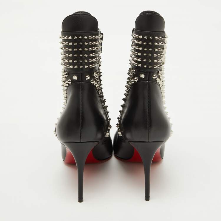 Pre Owned Christian Louboutin Black Leather Hongroise Spike Ankle Length Boots Size 41