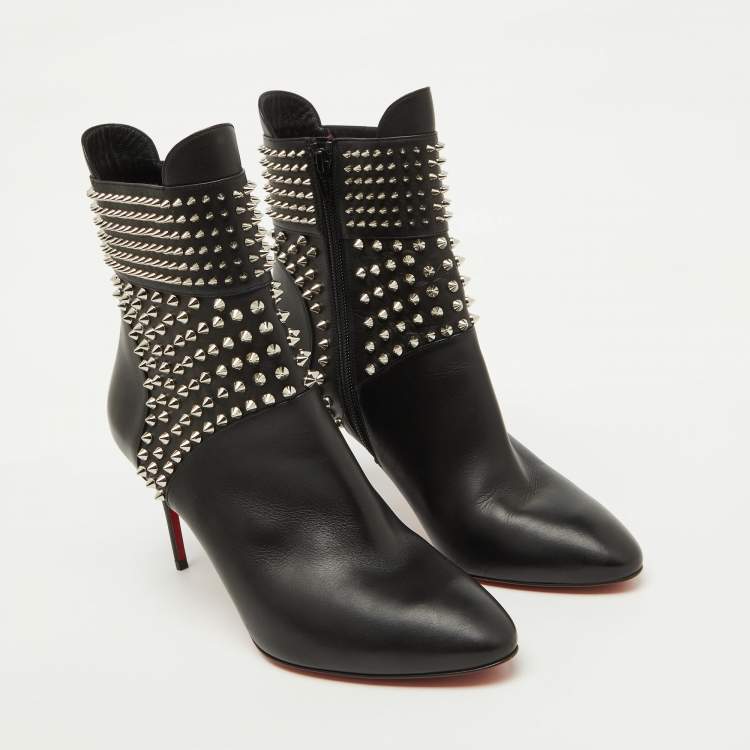 Pre Owned Christian Louboutin Black Leather Hongroise Spike Ankle Length Boots Size 41