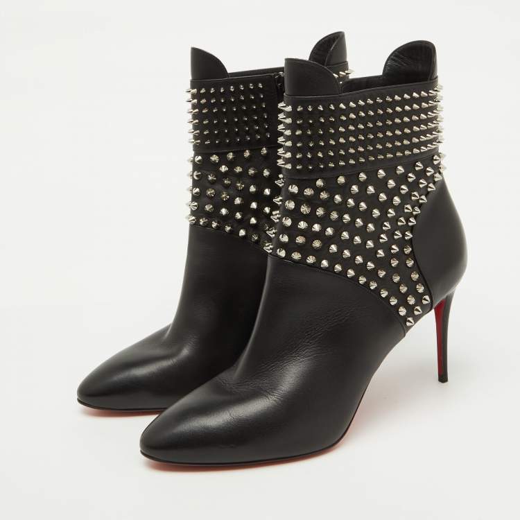 Pre Owned Christian Louboutin Black Leather Hongroise Spike Ankle Length Boots Size 41
