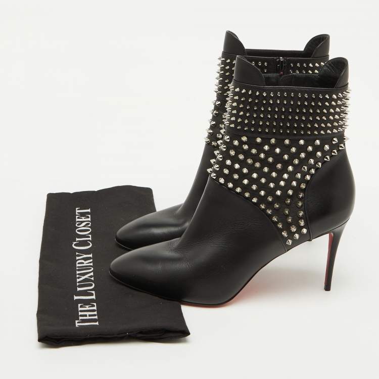 Pre Owned Christian Louboutin Black Leather Hongroise Spike Ankle Length Boots Size 41