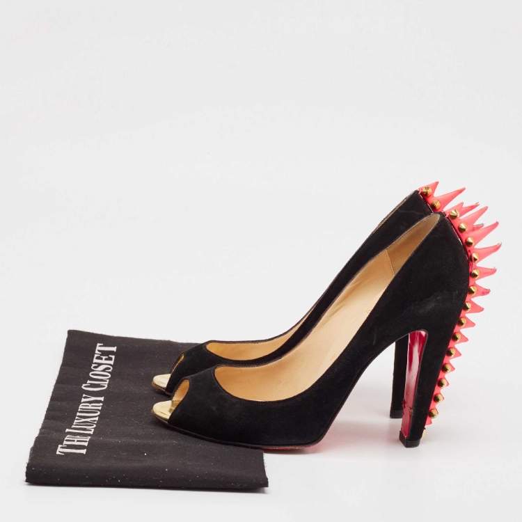 Pre Owned Christian Louboutin Black Suede Electropump Peep Toe Pumps Size 38