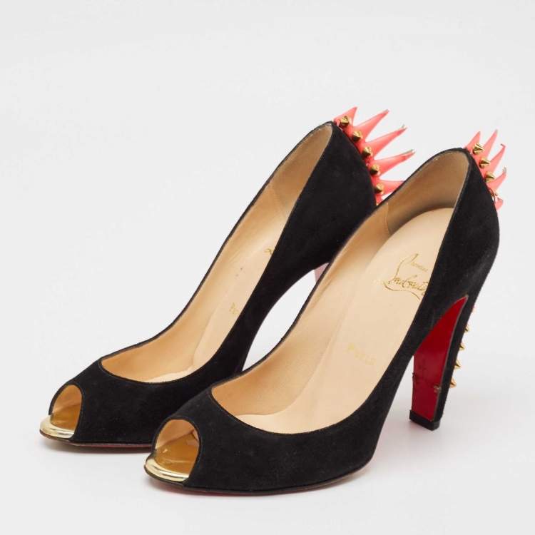 Pre Owned Christian Louboutin Black Suede Electropump Peep Toe Pumps Size 38