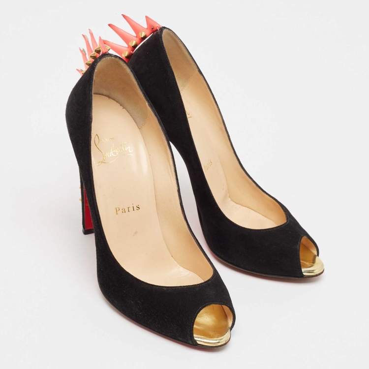 Pre Owned Christian Louboutin Black Suede Electropump Peep Toe Pumps Size 38