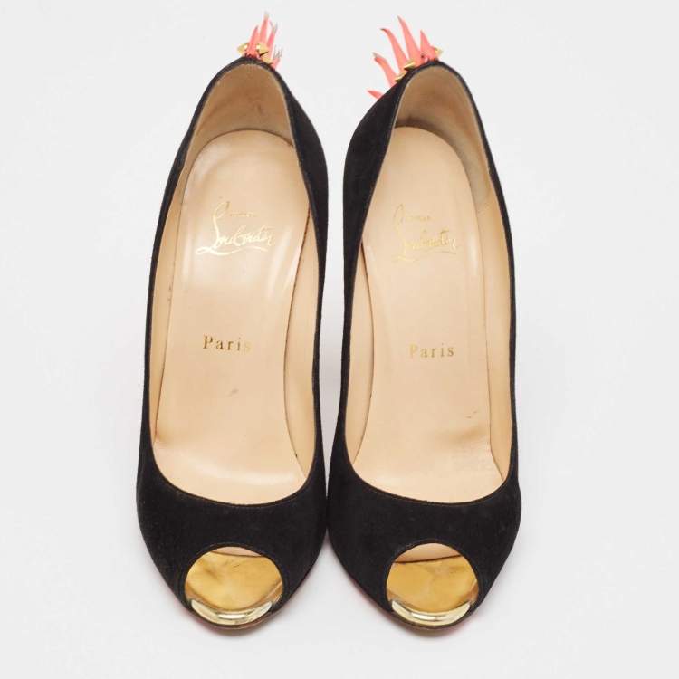 Pre Owned Christian Louboutin Black Suede Electropump Peep Toe Pumps Size 38