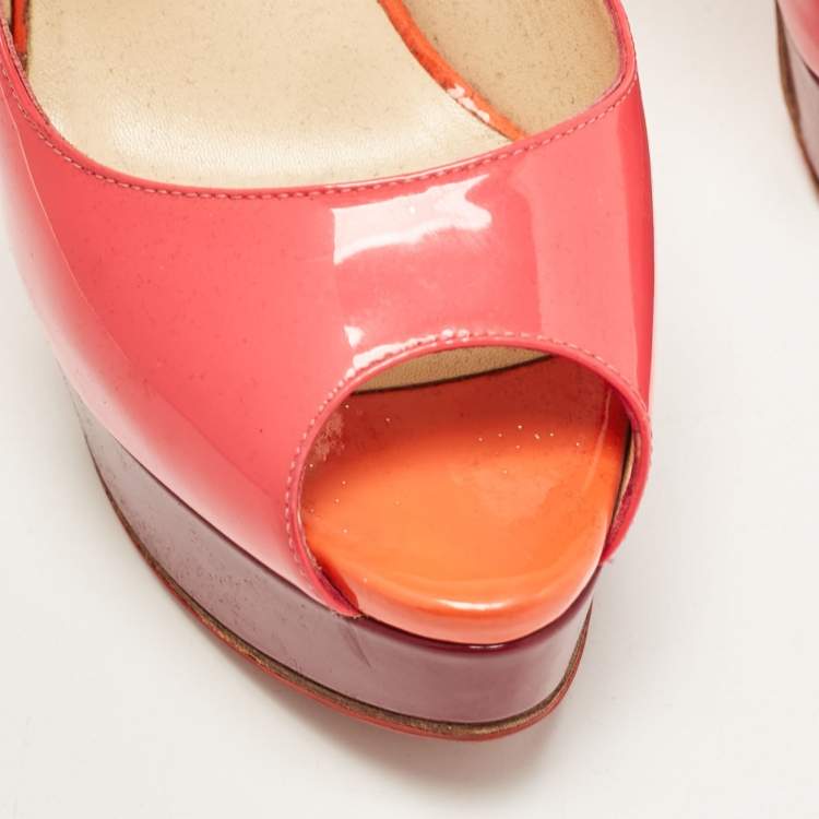 Pre Owned Christian Louboutin Pink Patent Leather Lady Peep Toe Slingback Platform Pumps Size 38.5