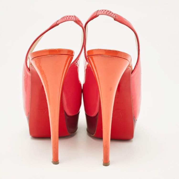 Pre Owned Christian Louboutin Pink Patent Leather Lady Peep Toe Slingback Platform Pumps Size 38.5