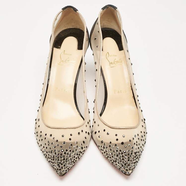 Pre Owned Christian Louboutin Black Glitter and Mesh Follies Strass Pumps Size 38