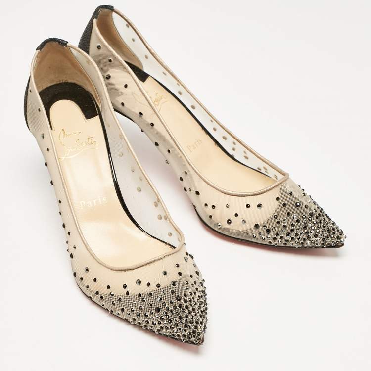 Pre Owned Christian Louboutin Black Glitter and Mesh Follies Strass Pumps Size 38