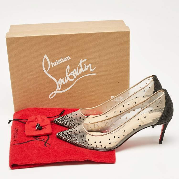 Pre Owned Christian Louboutin Black Glitter and Mesh Follies Strass Pumps Size 38