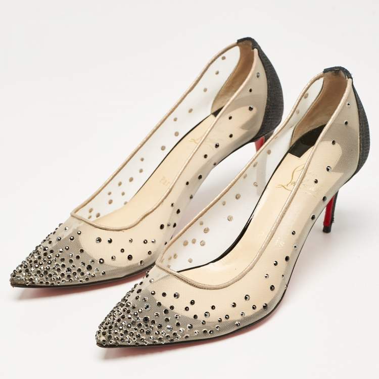 Pre Owned Christian Louboutin Black Glitter and Mesh Follies Strass Pumps Size 38
