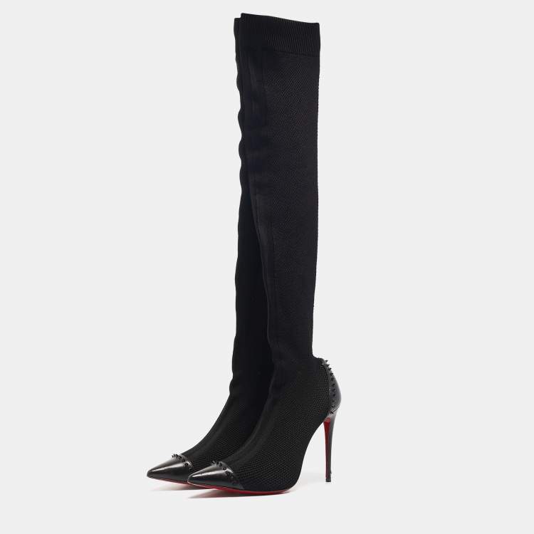 مملوكة مسبقًا Christian Louboutin Black Knit Fabric and Leather Dovi Dova Knee Length Boots Size 38