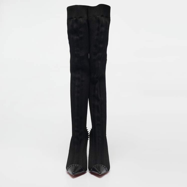 مملوكة مسبقًا Christian Louboutin Black Knit Fabric and Leather Dovi Dova Knee Length Boots Size 38