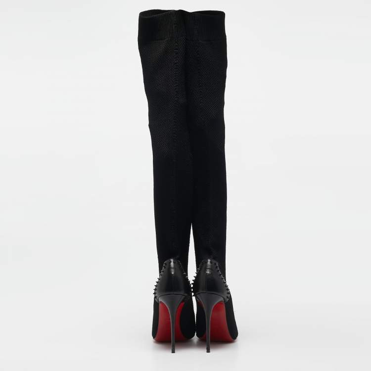 مملوكة مسبقًا Christian Louboutin Black Knit Fabric and Leather Dovi Dova Knee Length Boots Size 38
