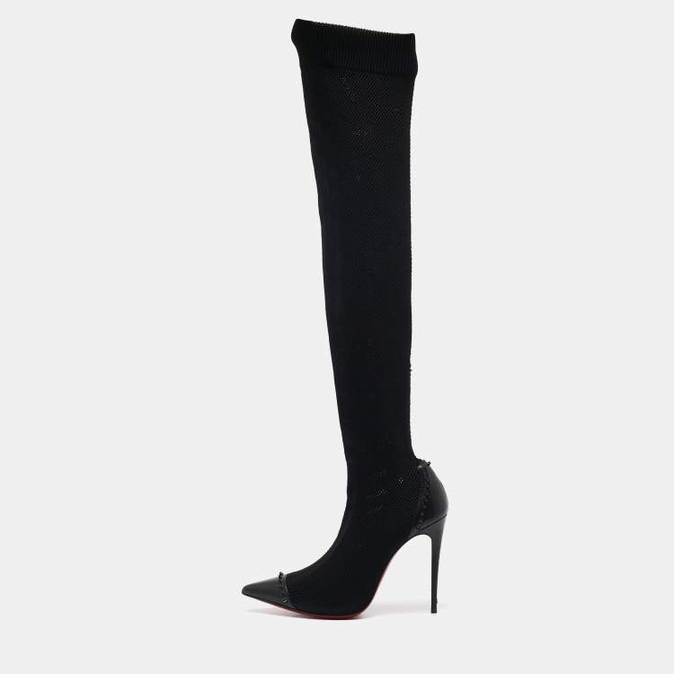 مملوكة مسبقًا Christian Louboutin Black Knit Fabric and Leather Dovi Dova Knee Length Boots Size 38