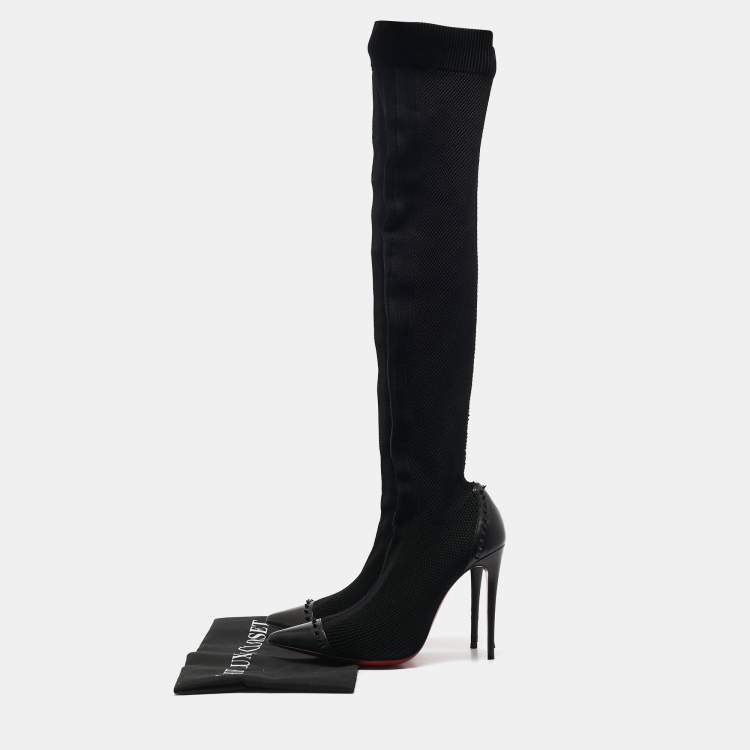 مملوكة مسبقًا Christian Louboutin Black Knit Fabric and Leather Dovi Dova Knee Length Boots Size 38