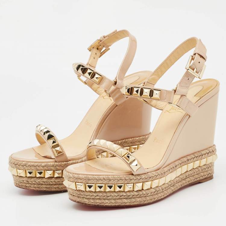 Pre Owned Christian Louboutin Beige Patent Leather Pyraclou Wedge Sandals Size 37