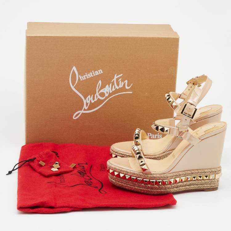 Pre Owned Christian Louboutin Beige Patent Leather Pyraclou Wedge Sandals Size 37