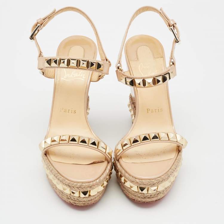 Pre Owned Christian Louboutin Beige Patent Leather Pyraclou Wedge Sandals Size 37